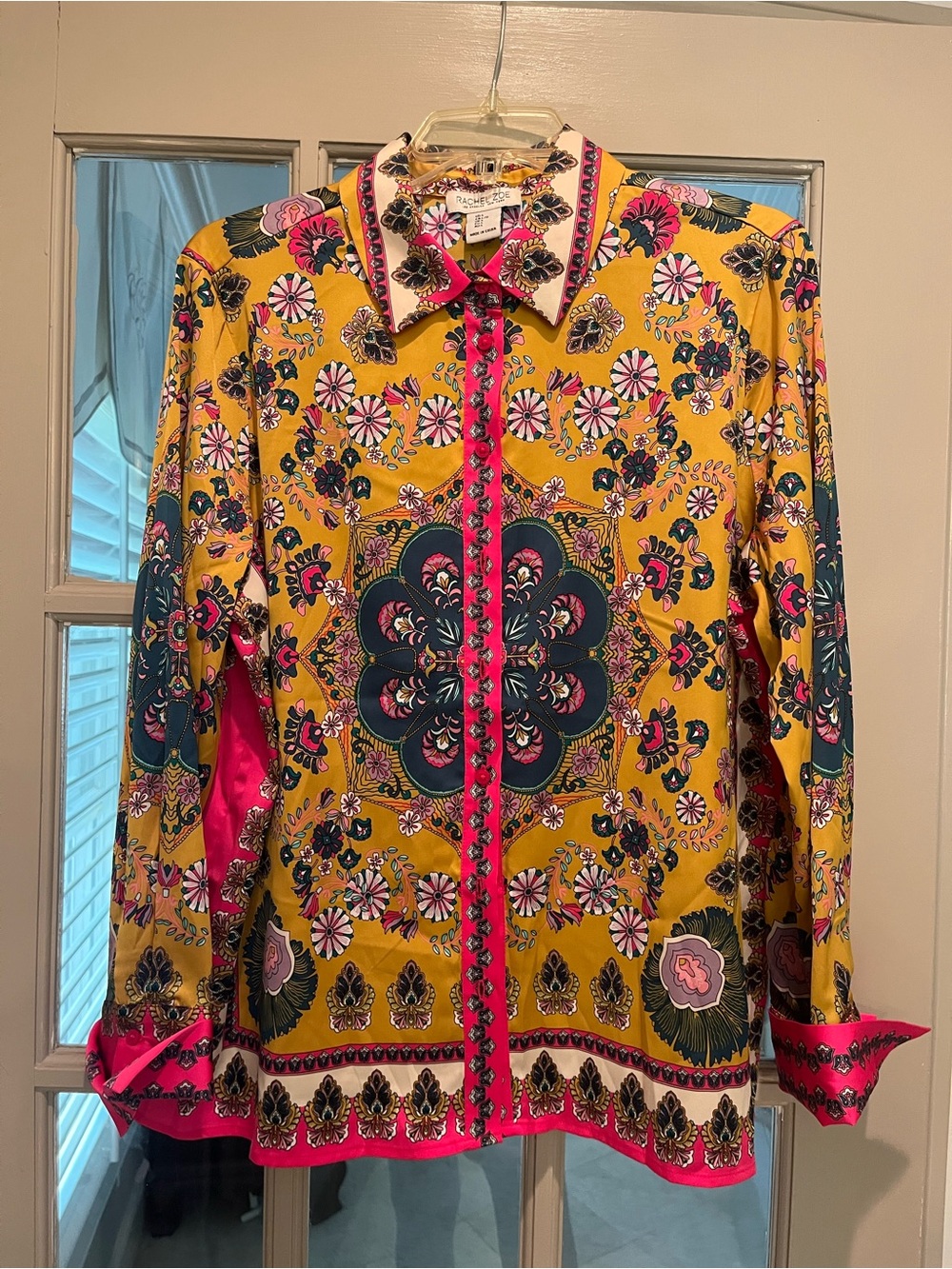 Rachel Zoe Mustard Yellow and Hot Pink Printed Button-Up Blouse